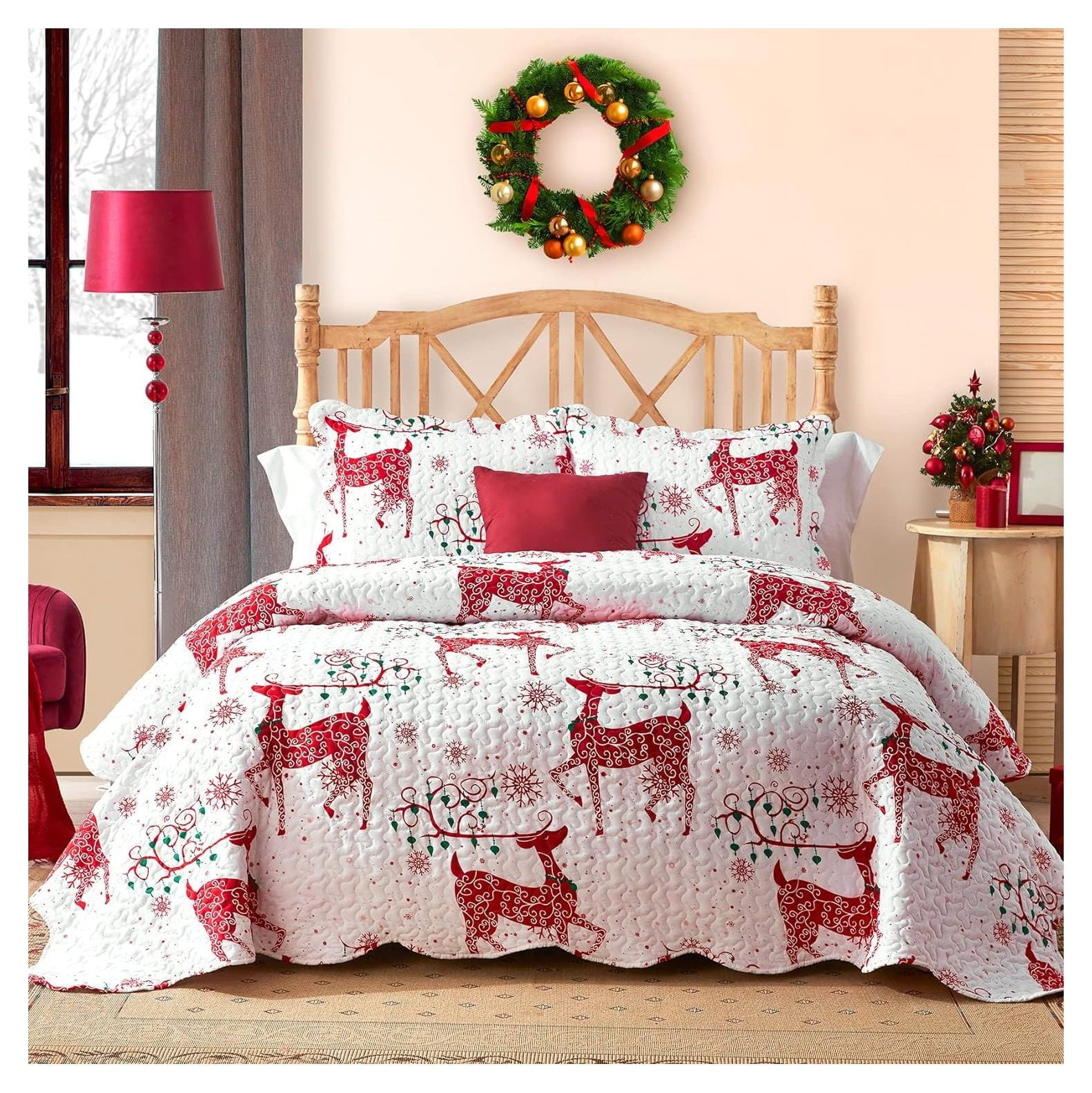 TiaGOC Christmas Quilts King Size with Christmas Red Reindeer Printed Christmas Quilts King Size