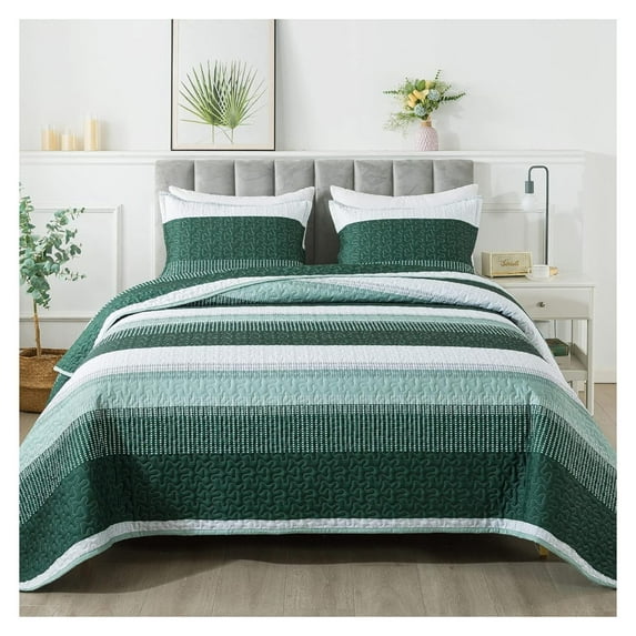 TiaGOC Emerald Green Quilt King(106x96Inch), 3 Pieces (1 Striped Quilt and 2 Pillowcases) Patchwork Striped Bedspread Coverlet Set, Soft Microfiber Lightweight All Season Quilted Bedding Set