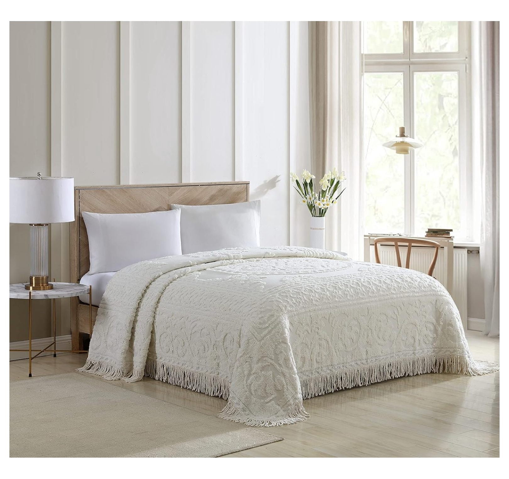 TiaGOC Medallion Chenille Bedspread, Queen, Ivory