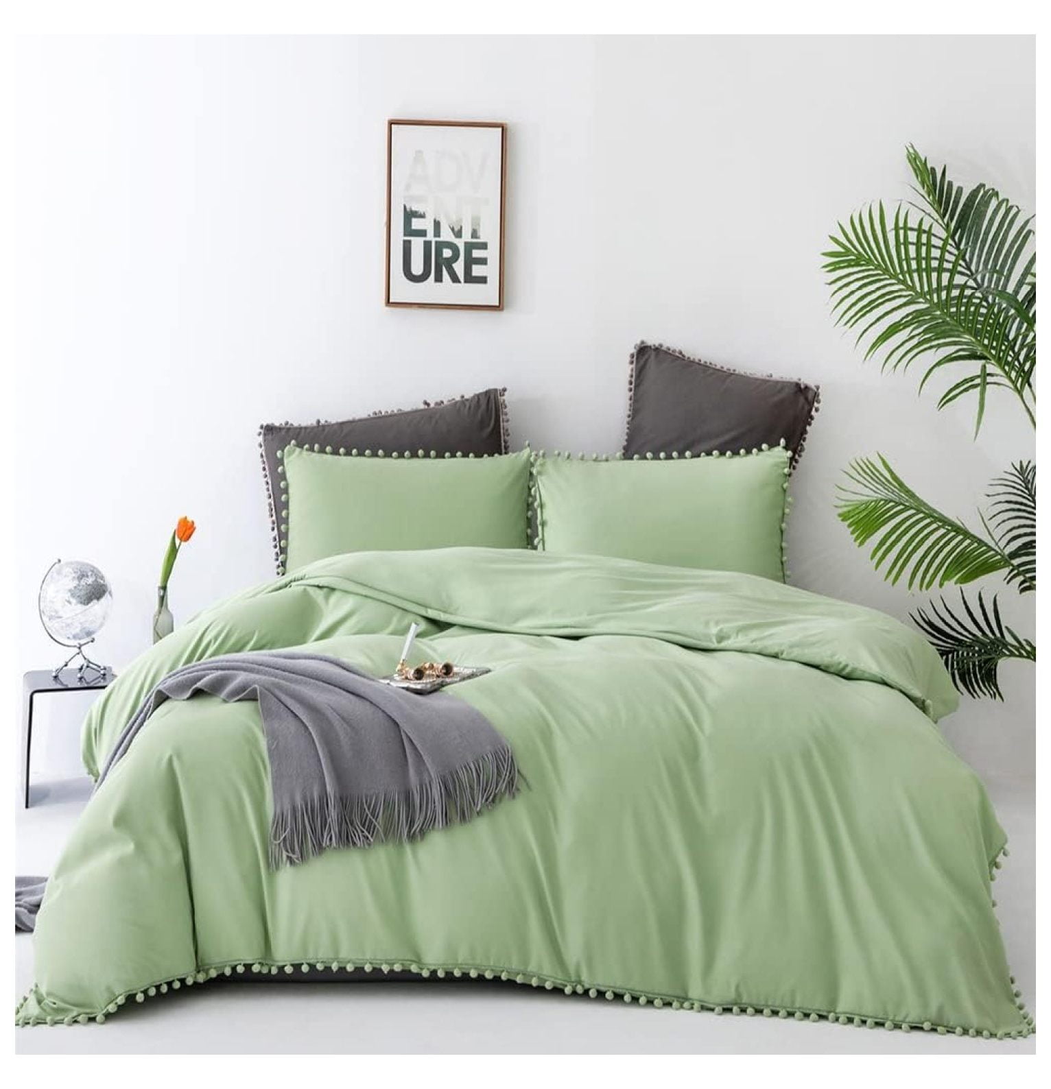 TiaGOC Sage Green Comforter Set Boho Pom Fringe Bedding Comforter Sets