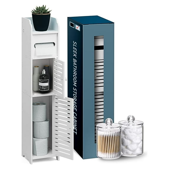 TiaGOC Small Bathroom Storage Cabinet with 2 Doors & 3 Shelves, Storage Stand, Narrow Bathroom Organizer for Towel Storage & Holder - Corner Bathroom Floor Cabinet - White