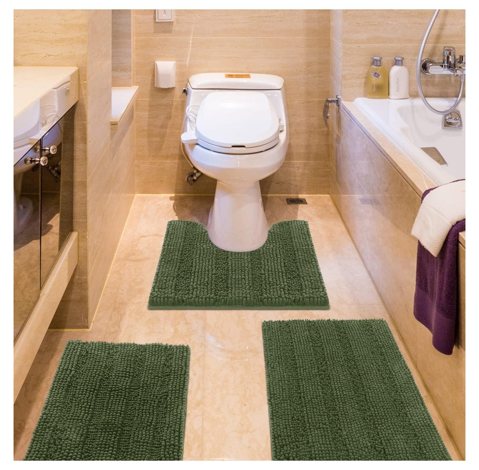 TiaGOC Striped Oliver Green Bathroom Rug Set 3 Pieces Ultra Soft, Non