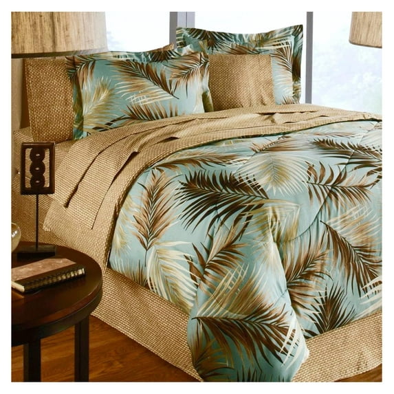 TiaGOC Tropical Palm Tree Leaf/Leaves Ocean Beach Coastal Bedding 6 Pieces Comforter Set Bed in a Bag ( Size)