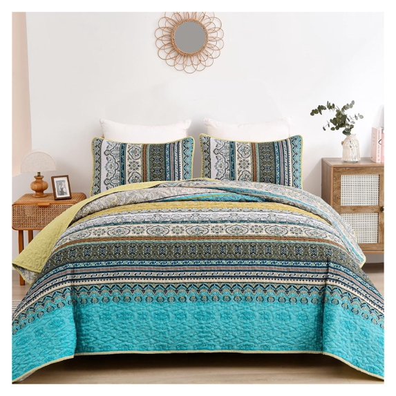 TiaGOC Yellow Quilt Set King Size, Boho Stripe 3 Pieces Quilts Bedspread Set Bohemian Lightweight Microfiber All Season Bedding Coverlet Set for King Bed (104"x90")