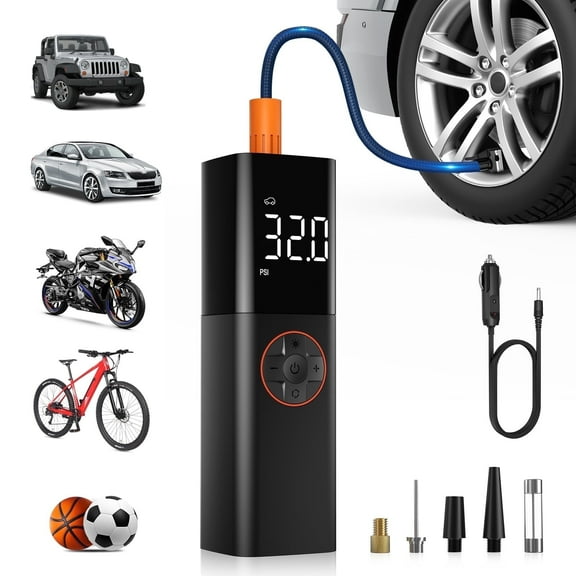 LUFF Tire Inflator Portable Air Compressor, 150PSI Air Pump for Car Tires, Digital Pressure Show, 12V DC Dual Power Air Pump with Emergency LED Light, for Cars, Bikes & Motorcycle Tires, Balls