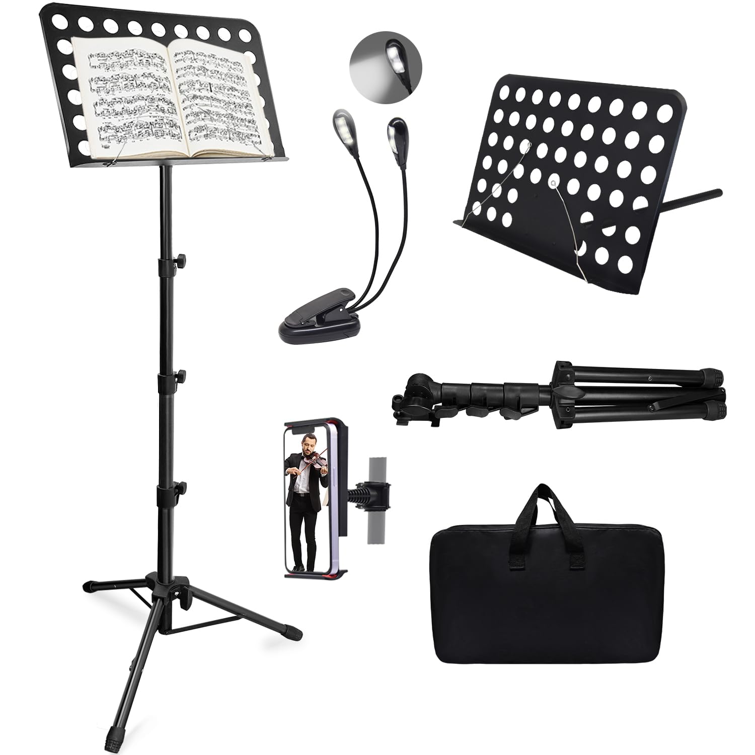 Tialero 70" Sheet Music Stand with Light & Phone Holder, Portable Music