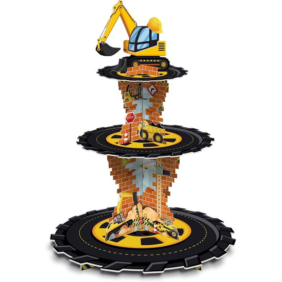 Tiamon Construction Birthday Decorations 3 Tier Construction Theme Cupcake Stand Cardboard Dump Truck Dessert Display Tower Holder Cupcake Serving Stand for Baby Shower Party Supply