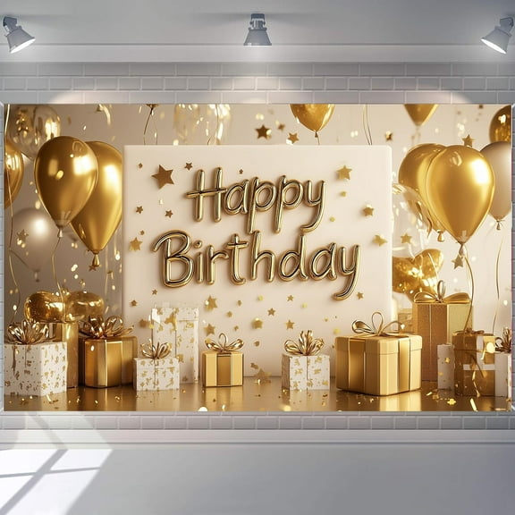 Tiamon Gold Happy Birthday Backdrop Banner White and Gold Background for Women Glitter Star and Balloon Photography Backdrop for Birthday Table Wall Decoration Party Supplies 72.8 x 43.3 Inch