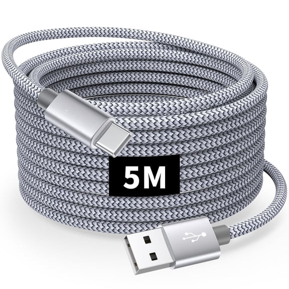 TianQiW 16ft Extra Long USB C Cable 5m, USB A to Type C Braided Charger Cord (Gray) for PS5 Controller, Samsung Galaxy, iPhone 16 15 Series and USB C Phones