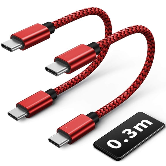 TianQiW USB C to USB C Charging Cable 0.3M 2Pack, Nylon Braided Fast Charging Cords Compatible with iPhone 16 15 Series and USB C (Red)
