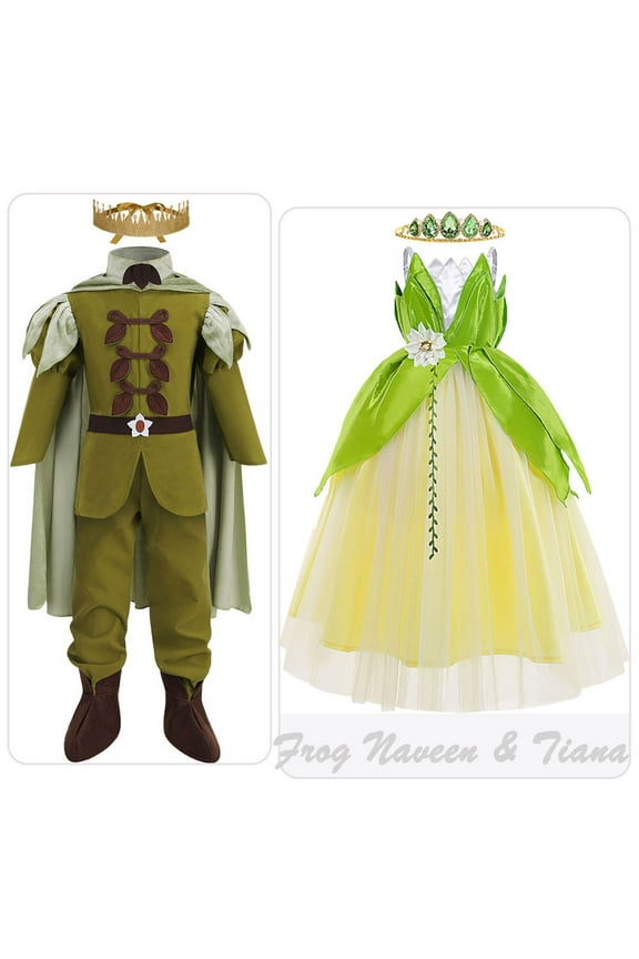 Tiana Princess Dress for Girls Cosplay Party Dress Up w/Crown 3-10Year