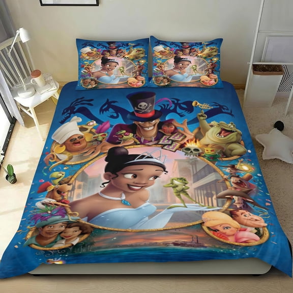 Tiana The Princess and the Frog three-piece cotton bed set, comfortable and skin-friendly, non-slip corners, distinctive design, great home decor gifts, 53x79 in (135*200 cm).