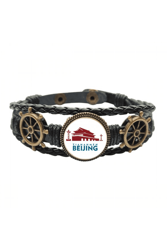 Tiananmen Gate Beijing China Leather Braided Ocean Bracelet Wristband