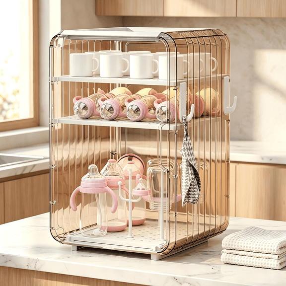 Tianfeng Dustproof Bottle Storage Rack - Stackable Clear Cup Organizer Box for Cabinet Desktop, Space-Saving Baby Bottle Drying Rack with Cover