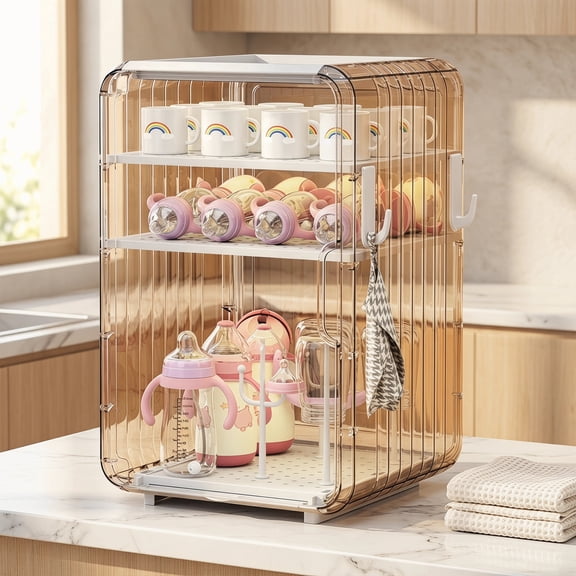 Tianfeng Dustproof Bottle Storage Rack - Stackable Clear Cup Organizer Box for Cabinet Desktop, Space-Saving Baby Bottle Drying Rack with Cover