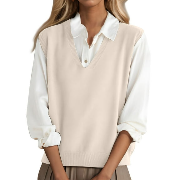 Tianiyouqing 100% Merino Wool Sweater Vest for Women V Neck Sleeveless Basic Pullover Sweater Beige M