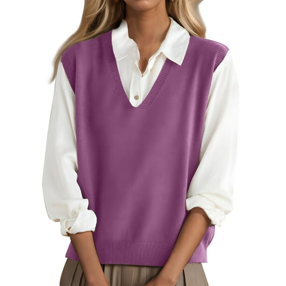Tianiyouqing 100% Merino Wool Sweater Vest for Women V Neck Sleeveless Basic Pullover Sweater Purple M