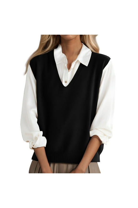 100% Merino Wool Sweater Vest for Women V Neck Sleeveless Basic Pullover Sweater Black M