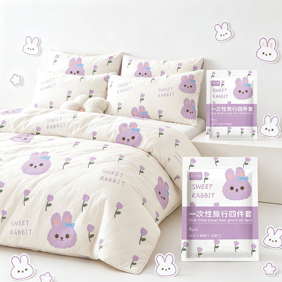 Tianiyouqing 4 Piece Set Disposable Bed Sheets, Non-Woven Breathable Waterproof Dustproof Full Bedding Kit, Portable Disposable Bedding For Travel Camping Hotel