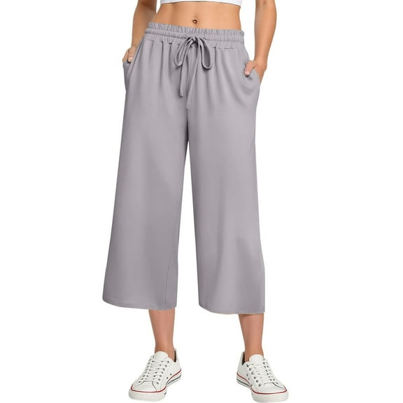 Tianiyouqing Beach Capri Pants Women Jogger Drawstring Wide Leg Pull on Petite Length Yoga Bottoms Elastic Waist High Waisted Dance Cropped Pants Light Gray XL