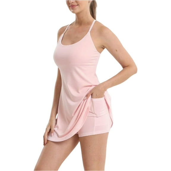 Tianiyouqing Built In Shelf Bra and Shorts Scoop Neck Tennis Dress for Women Spaghetti Strap Removable Padded Walking Romper Dresses Sleeveless Casual Mini Dresses with Pockets Pink XL