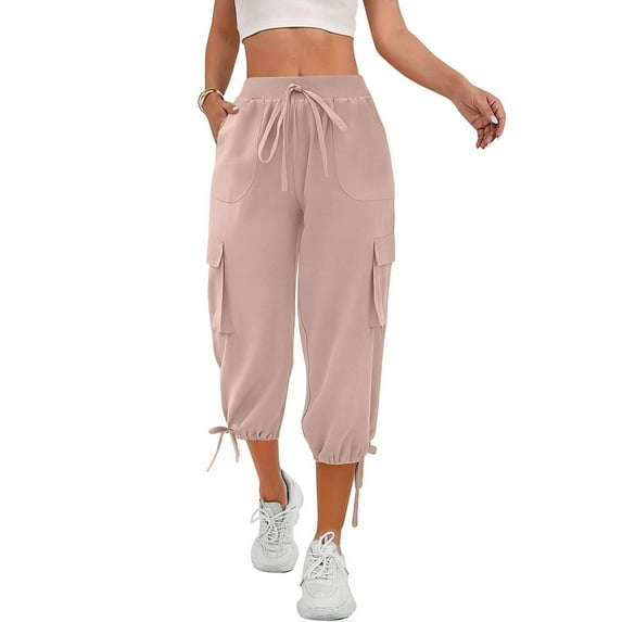 Tianiyouqing Cargo Capri Pants for Women Chinos Stretch Elastic Waist Wide Leg with 4 Pockets Stretchy Parachute Pants Quick Dry High Waisted Drawstring Twill Cropped Trousers Pink L