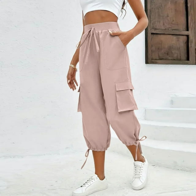 Tianiyouqing Cargo Capri Sweat Womens Wide Leg with 4 Pockets Elastic Waist Adjustable Twill Work Sweatpants High Waisted Quick Dry Drawstring Flowy Crop Trousers Pink XXL