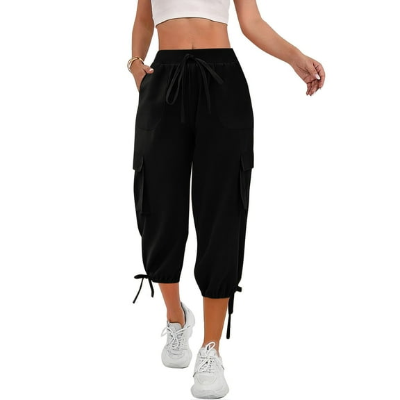 Tianiyouqing Cargo Capri for Women Breathable Bermuda Wide Leg Elastic Waist High Waisted Fall Cropped Trousers Quick Dry with 4 Pockets Drawstring Pull on Joggers Pants Black XXL