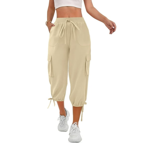 Tianiyouqing Cargo Petite Length Plus Size Capri Pants for Women Drawstring Elastic Waist High Waisted Quick Dry Summer Jogging Pants Wide Leg with 4 Pockets Hiking Baggy Pants Khaki XXL