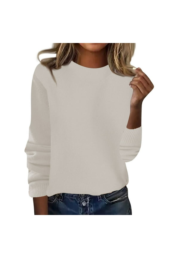 Women's 100 Percent Pure Wool Sweater Long Sleeve Pullover Crew Neck Tops for Woman Beige S