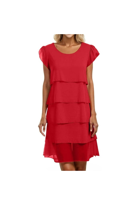 Chiffon Formal Dressy Dresses for Women 2025 Tulle Short Sleeve Tiered Layered Beach Long Dresses Crew Neck Knee Length Night Out Midi Dresses Red M