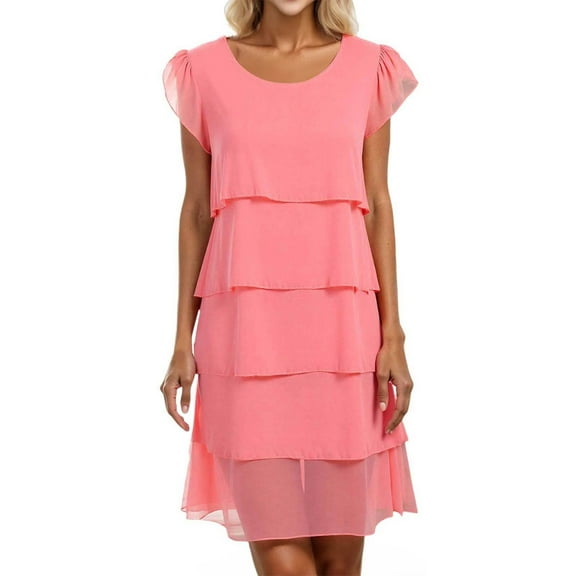 Tianiyouqing Chiffon Western Dresses for Women 2025 Tulle Tiered Layered Crew Neck Spring Cocktail Dresses Knee Length Short Sleeve Wedding Guest Maxi Dresses Pink S