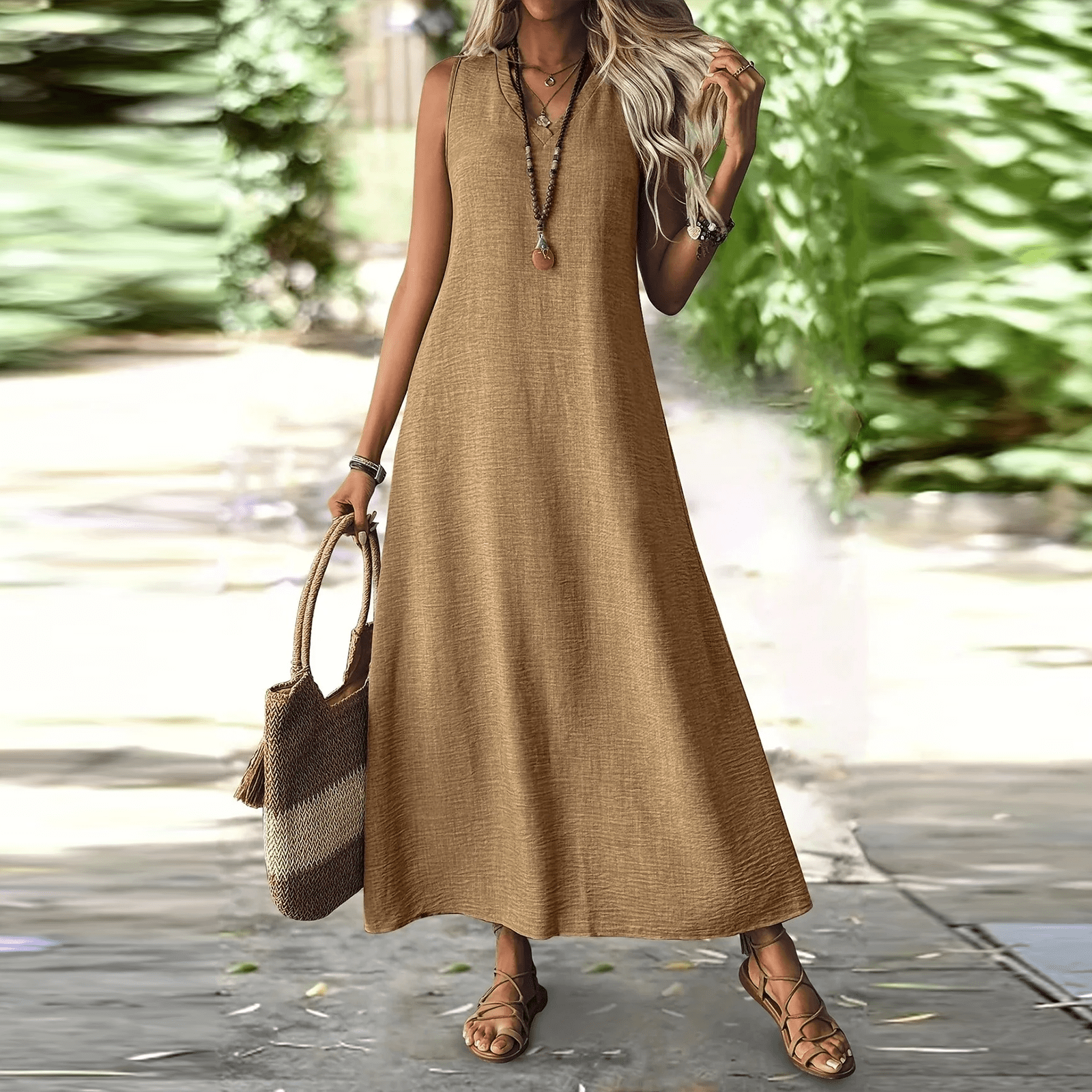 knee length dresses for ladies Puff Sleeve Linen Dress Vilnius in Pastel Brown