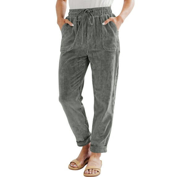 Tianiyouqing Corduroy Pants For Women Casual Drawstring Elastic High Waist Straight Leg Pants Loose Comfy Trousers With Pockets Gray M