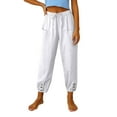 thumbnail image 1 of Tianiyouqing Cotton Linen Capri Pants for Women Drawstring Petite Length Breathable Joggers Gauze Trousers Wide Leg High Waisted Elastic Waist Stretch Harem Pants WhiteL, 1 of 6