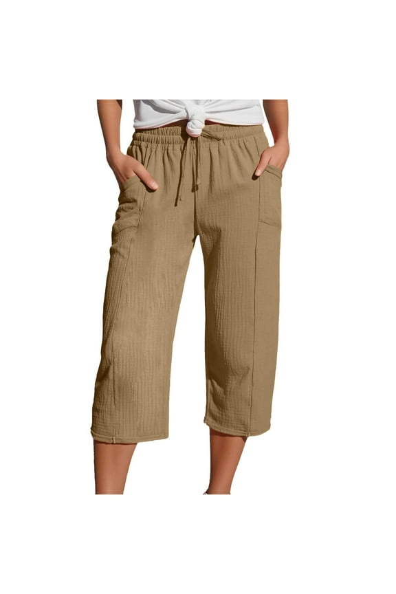 Cotton Linen Womens Capri Pants Elastic Waist Drawstring High Waisted Loose Cropped Trousers Petite Length Wide Leg Flowy Gaucho Pants with Pockets Khaki XXL