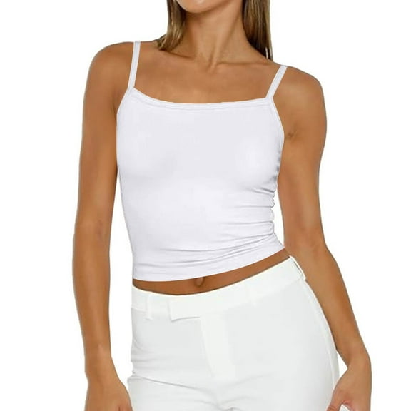 Tianiyouqing Crop Tops for Women 2025 Party Cropped Shirts Soft Undershirts Basic Sleeveless Double Lined Layered Adjustable Spaghetti Strap Square Neck Racerback White S