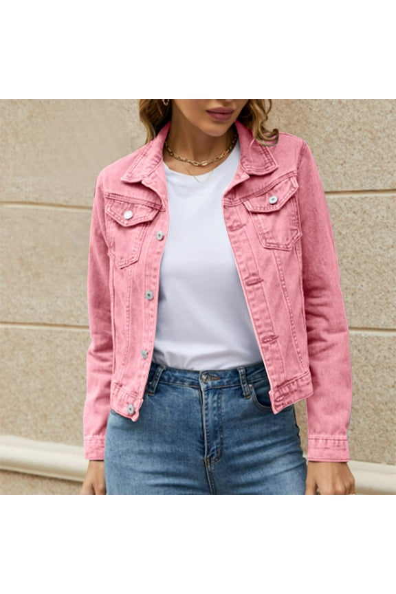 Denim Jacket for Women Distressed Jean Jackets Button Up Vintage Western Trucker Jacket Frayed Hem Pockets Pink S