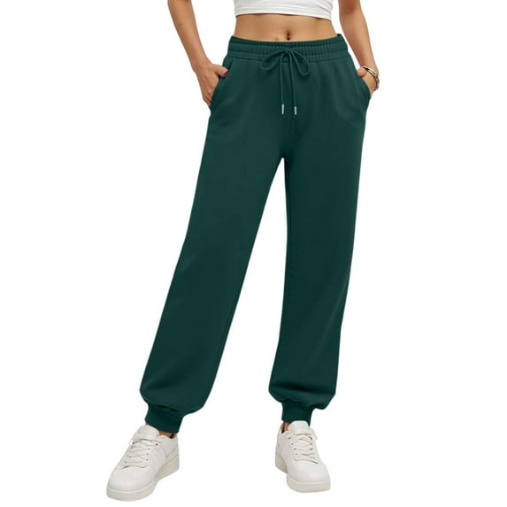 Tianiyouqing Elastic Bottom Sweatpants Women Fleece Lined Drawstring Stretchy Waist Vintage Long Trousers Fall High Waisted Athletic Joggers Sweatpants Green XL