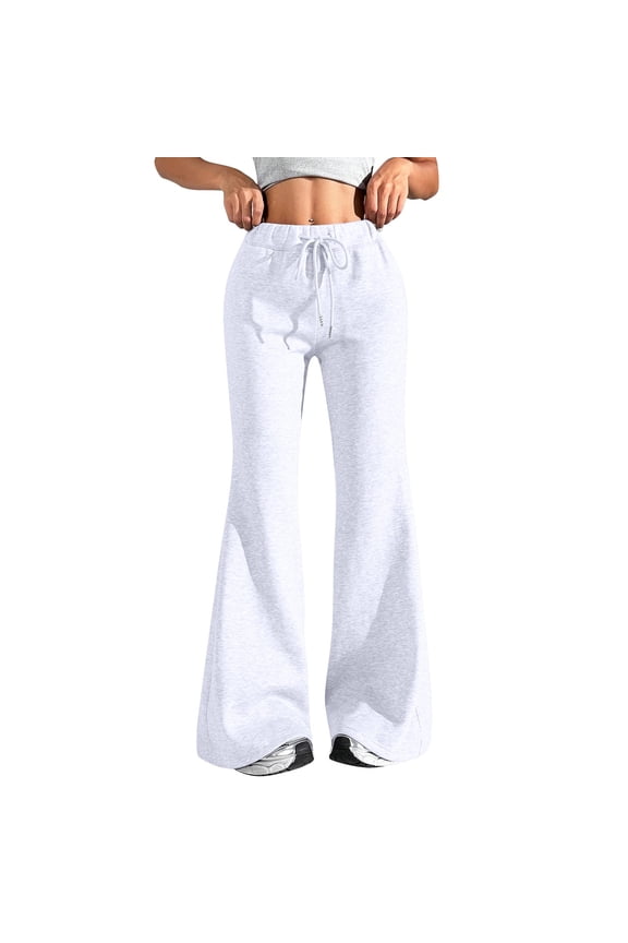 Flare Drawstring Sweatpants for Women Wide Leg Mid Rise Bell Bottom Soft Baggy Sweatpants Elastic Waist Fleece Lined Palazzo Track Pants with Pockets White M
