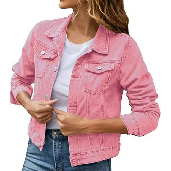 Tianiyouqing Jean Jacket Women 2025 Trendy Classic Lapel Button Down Long Sleeve Slim Fit Casual Light Weight Denim Jackets Plus Size Pink S
