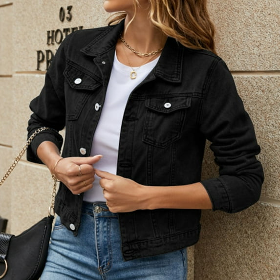 Tianiyouqing Jean Jacket Women 2025 Trendy Plus Size Long Sleeve Button Down Lapel Cropped Denim Jacket Casual Lightweight Coats Black S