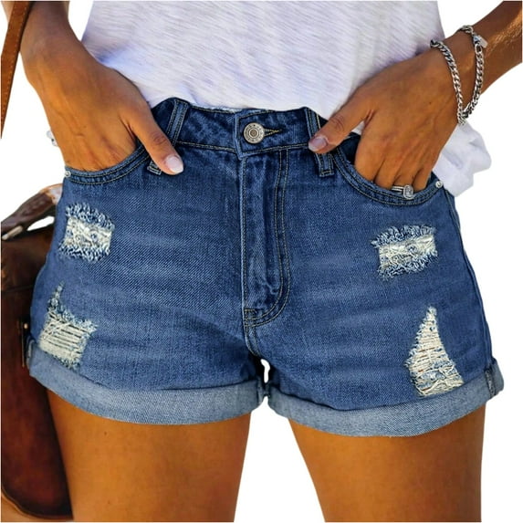 Tianiyouqing Jean Shorts Womens Long High Rise Ripped Tummy Control Wide Leg Mid Thigh Jorts Cuffed Elastic Waist Distressed Casual Jeans Shorts Dark Blue 2XL