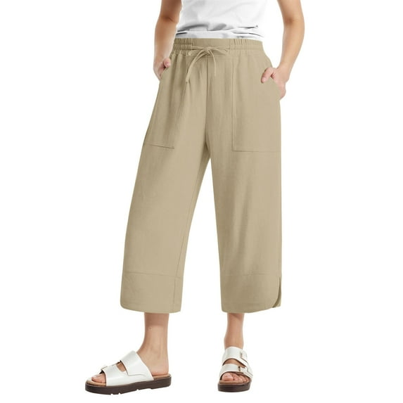 Tianiyouqing Linen Capri Pants Women Work Elastic Wide Leg Stretch Cropped Pants High Waist Drawstring Comfy Summer Gauchos Pants with Pockets Beige XXL