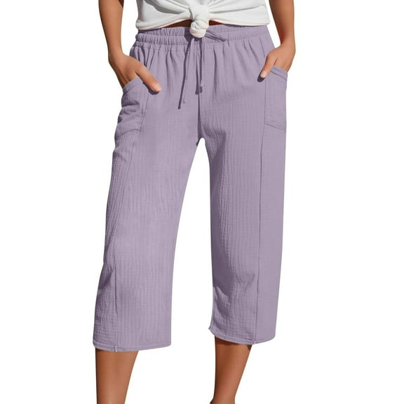 Tianiyouqing Linen Capris Pants for Women Baggy Elastic Waist Wide Leg Petite Length Loose Straight Leg Trousers High Waisted Drawstring Plus Size Crop Pants with Pockets Light Purple XXL