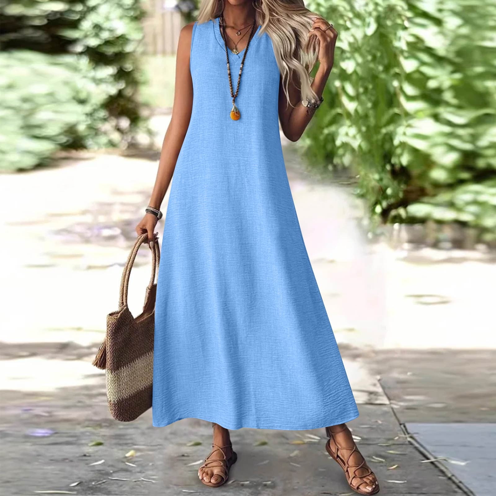 Tianiyouqing Linen Cotton Dress for Women Flowy Zipper Back Fall Cocktail Gauze  Dresses Sleeveless V Neck Dressy Travel Tshirt Dresses Blue XXL -  Walmart.com