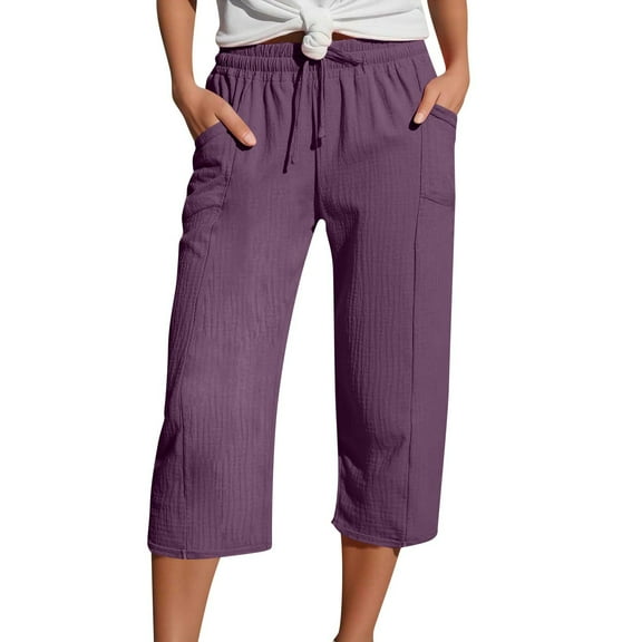 Tianiyouqing Linen Cotton Pocket Capri Pants for Women Spring Elastic Waist Wide Leg Petite Length Flowy Gauze Pants Drawstring High Waisted Lounge Cropped Pants Purple XL
