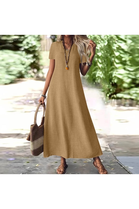 Linen Dresses for Women 2025 Workout Zipper Back Flowy Palazzo Church Beach Dresses V Neck Short Sleeve Loose Maternity Tank Dresses Light Brown XL