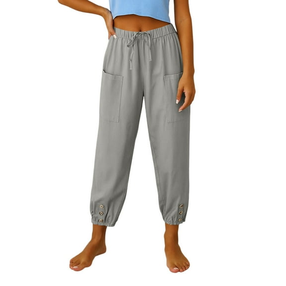 Tianiyouqing Linen Flowy Capri Pants Palazzo Women Petite Length Elastic Waist Drawstring Button Harem Pants Wide Leg High Waisted Breathable Soft Gauchos Pants Light GrayS