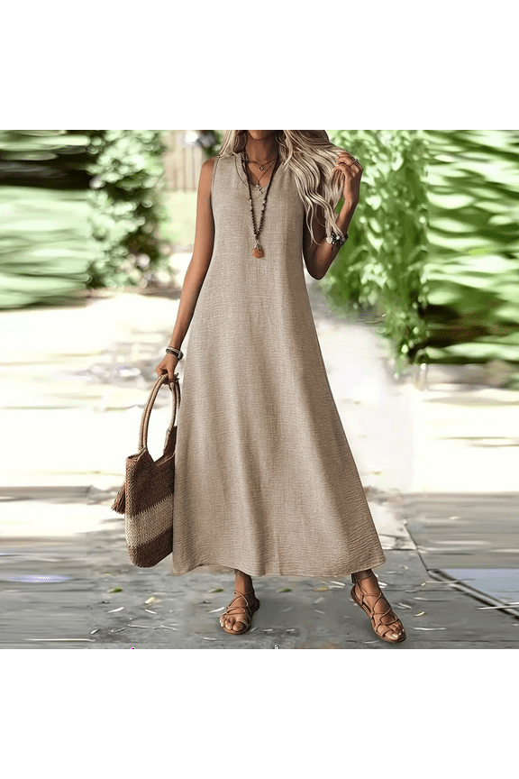 Linen Maxi Cotton Dresses for Women Zipper Back Sleeveless Palazzo Maternity Beach Dresses Flowy V Neck Elegant Business Sundresses Khaki XL